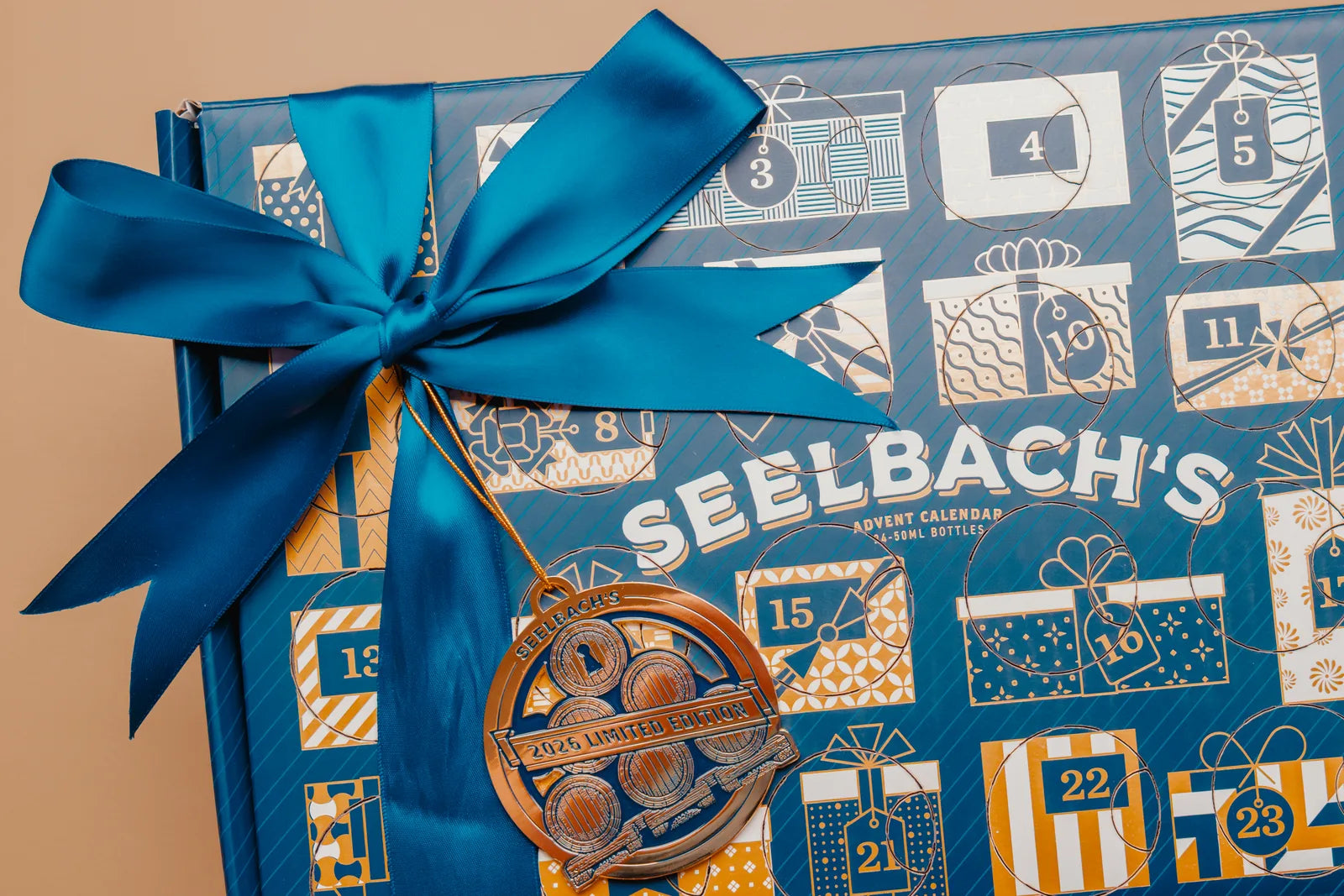 The 2026 Seelbach's Advent Calendar box with its blue satin bow and limited-edition ornament